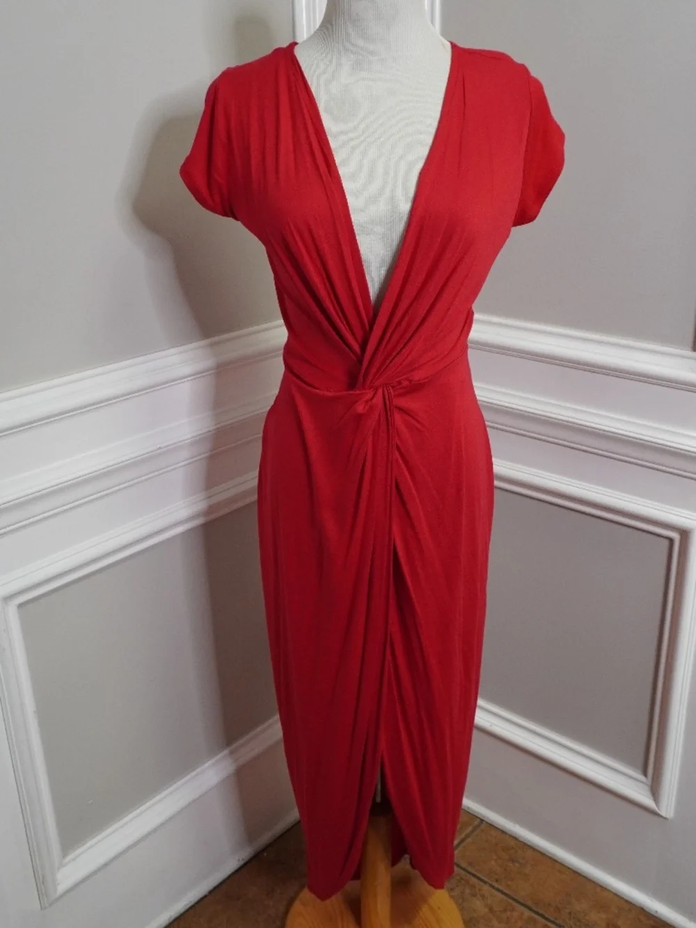 rolla coster red dress Rolla Coster red maxi dress featuring a V-neckline and a front twist detail